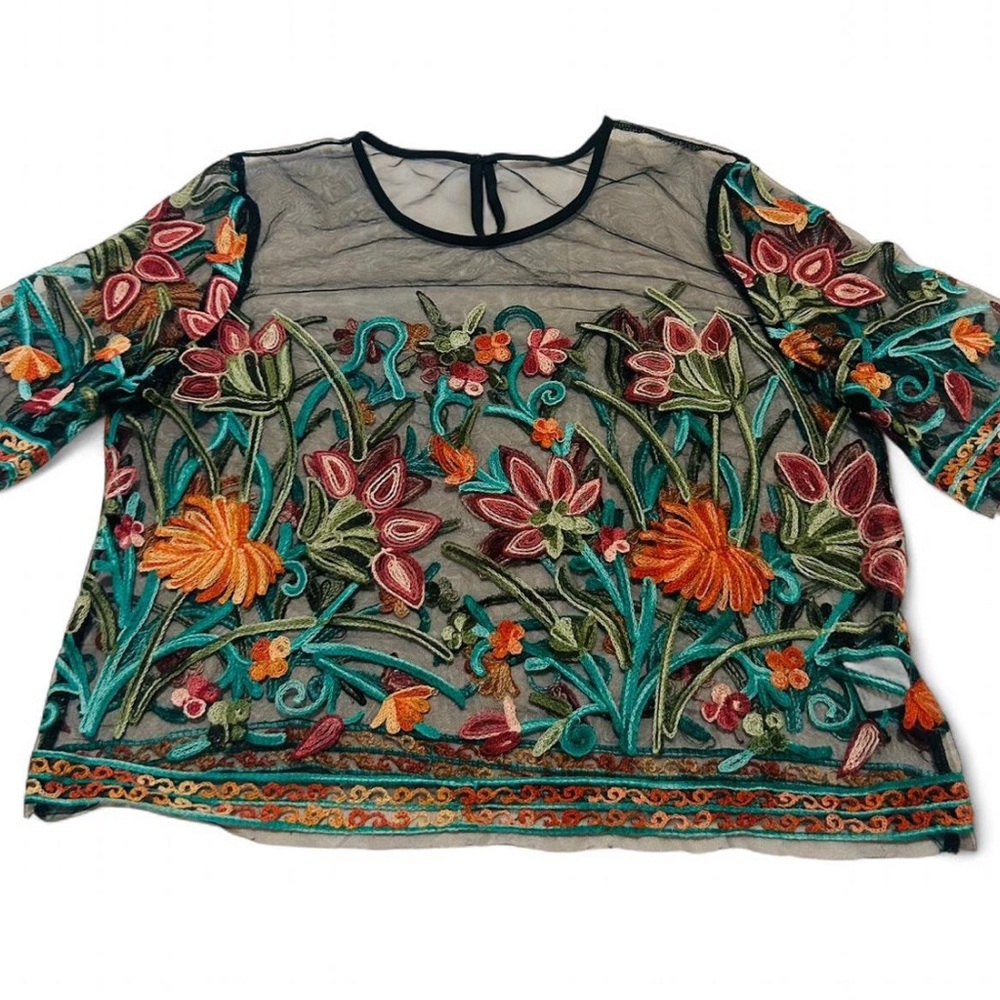 Floral Embroidered Sheer Black Mesh Women's Top - Medium